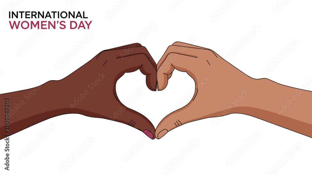 Fototapeta premium International women's day banner featuring two diverse hands coming together to form a heart symbol as a gesture of love and solidarity.