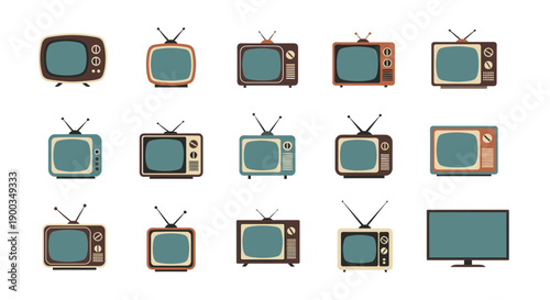Collection of vintage and modern television sets displayed together in a grid pattern on a plain white background