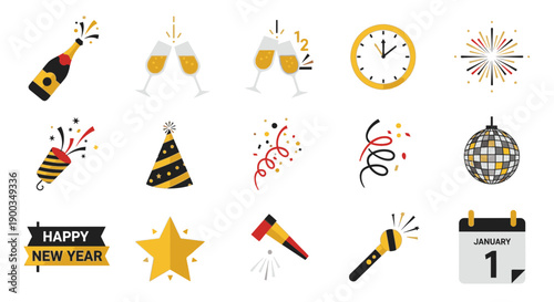 New Year's Celebration Icons Set with Party Hats and Fireworks Illustration