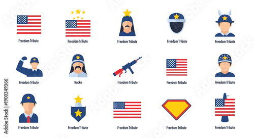Collection of icons representing freedom fighter, superhero, patriot, hero, and protector