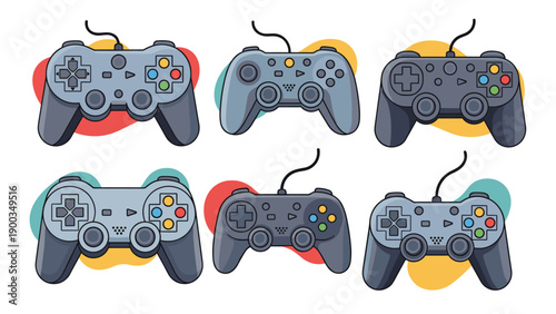 Collection of six various video game controller designs with colorful abstract backgrounds in a modern pixel or flat art style.