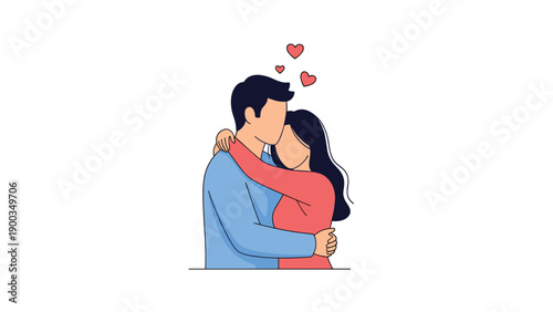 Sweet flat illustration of a young couple hugging each other affectionately with small red hearts floating above them.