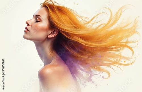 Woman with flowing golden hair, soft watercolor style. Her profile shows peaceful expression. Elegant artistic portrait with abstract purple and gold accents. Beautiful female face.