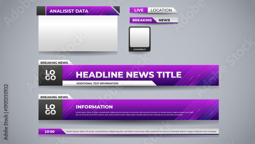 Set breaking news lower third for media broadcast banner template purple theme with accessibility
