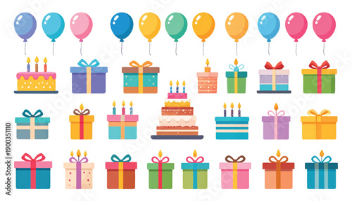 Birthday cake icon pack for modern party branding. Colorful gift illustration set for celebration marketing. Flat festive graphics collection for event design