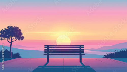 Sunset bench illustration for inspirational branding visuals. Peaceful horizon scene expressing calm lifestyle concept. Evening landscape vector ideal for motivational design*