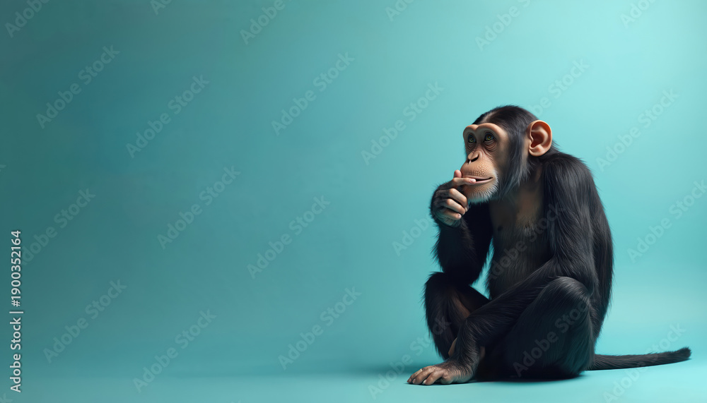 © Viktor - Chimpanzee sits on a clean blue background, finger on lips, looking thoughtful. Animal exhibits human-like contemplation and quiet introspection. Simple, direct composition.