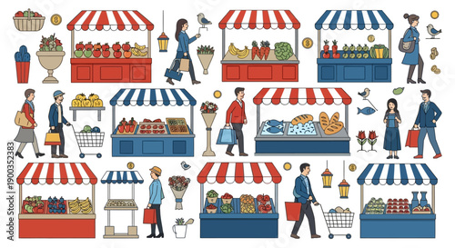 Shoppers Browsing Fresh Produce, Fish, and Flowers at a Bustling Outdoor Market