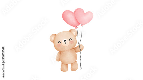 An adorable teddy bear character holding two pink heart-shaped balloons, conveying a warm, cute, and loving message.