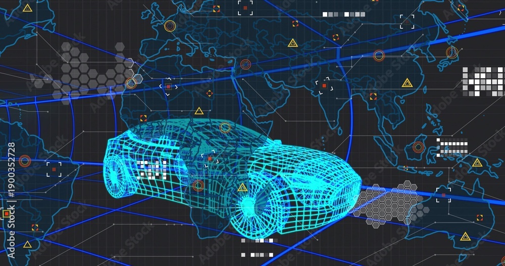 Obraz premium Displaying cyan 3D wireframe car model rotating in control hub, with world map, network nodes