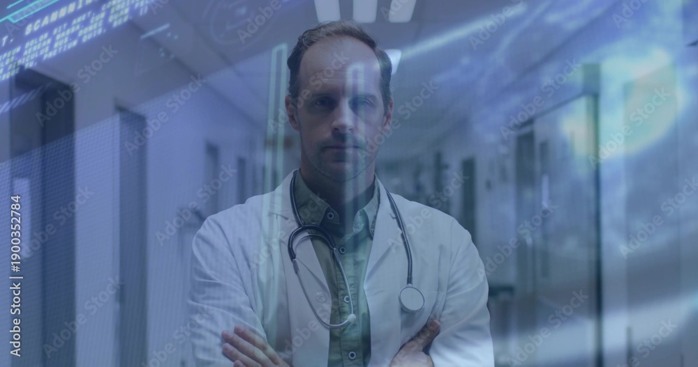 Fototapeta premium Standing male physician wearing white coat and stethoscope in clinic corridor, with digital overlay