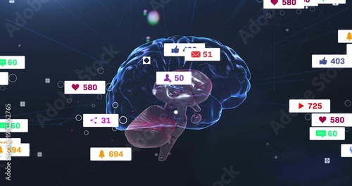 Pulsing clear 3D brain model interacting with floating notification bubbles in dark neural network