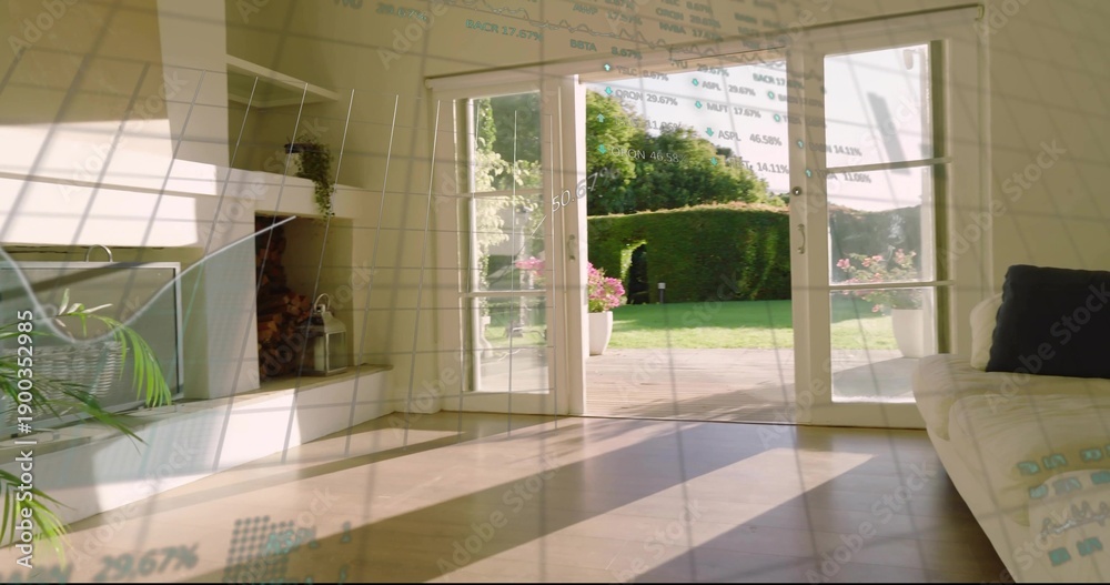 Fototapeta premium Framing open glass double doors letting bright sun into living room, with patio and grid overlay