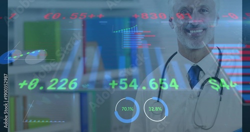 Photos Smiling dr posing in clinic wearing white coat, tie, stethoscope, finance charts