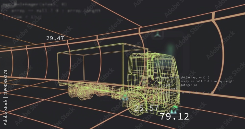 Fototapeta premium Rotating wireframe truck model sitting in orange grid tunnel, showing numeric overlays and console