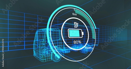 Displaying circular HUD with 80% charging battery, Eco Power gauges, wireframe truck on grid