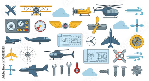 Diverse Collection of Aviation Icons and Mechanical Engineering Tools