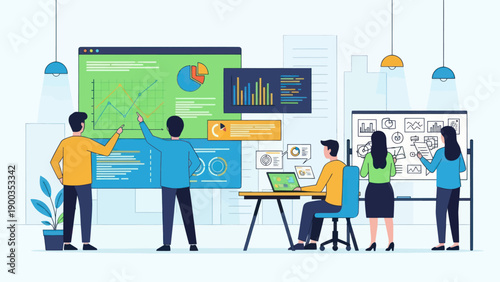 Business team analyzing data and developing strategies in a modern office environment.