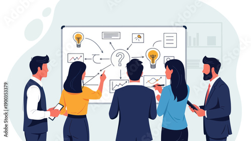 Business team collaborating on a project with a whiteboard.