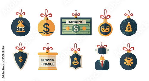 Christmas Ornaments with Banking and Finance Flat Icons Set