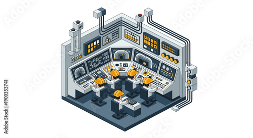 Isometric Control Room with Operators and Monitors.