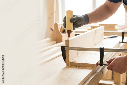 A carpenter in gloves applies wood glue from a bottle to a joint of a wooden plank held in a clamp in a workshop.
