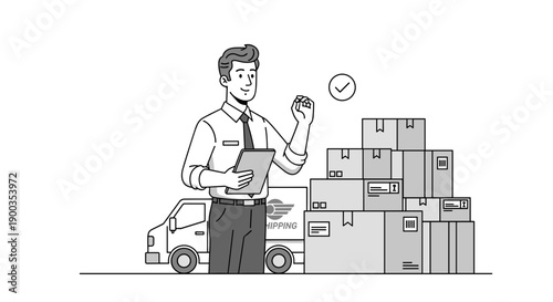 Man Checking Inventory with Clipboard and Truck.