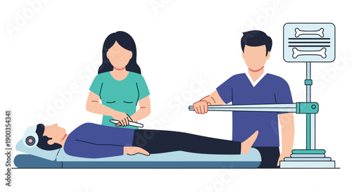 Medical Staff Performing Bone Density Scan (DEXA) on Patient. Radiology Examination for Osteoporosis and Skeletal Health. Vector Illustration.