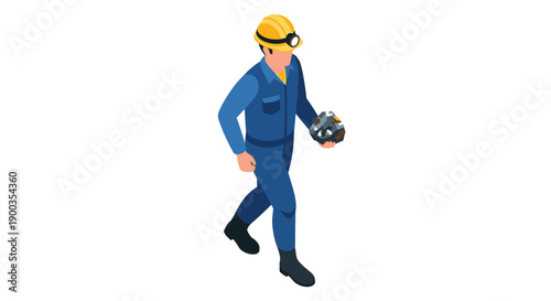 Man in blue uniform holding tool.