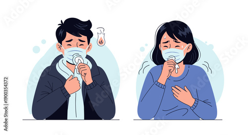 Sick Man and Woman Wearing Protective Masks with Fever and Cough. Viral Infection, Flu, and Cold Symptoms Illustration.