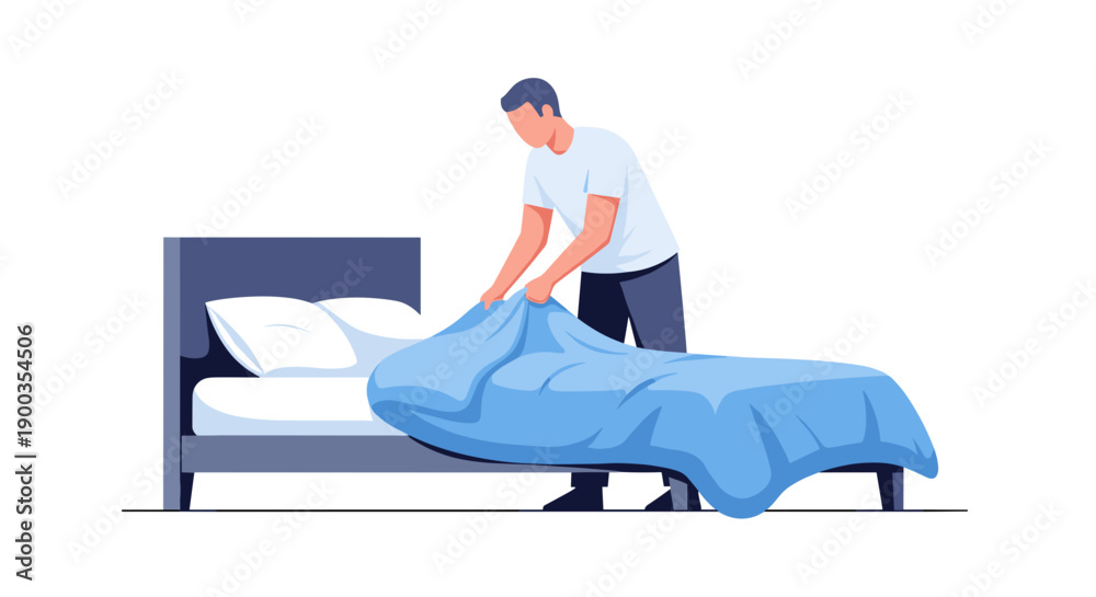 Obraz premium Man Making Bed with Blue Duvet.