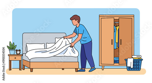 Man Making Bed in Hotel Room.