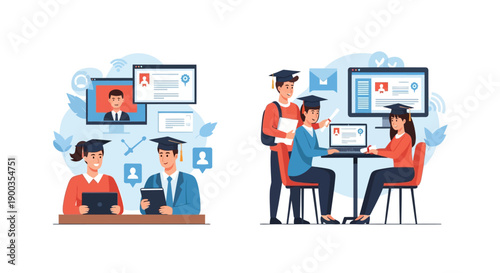 E-learning and Online Graduation Concept. University Students Completing Virtual Coursework and Receiving Diplomas via Digital Technology.