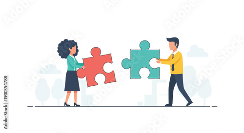Business Team Collaboration: Man and Woman Connecting Puzzle Pieces Vector Illustration