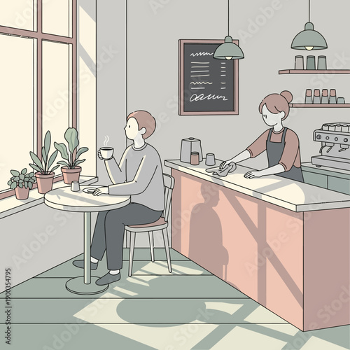 Man enjoying coffee at a cafe with a barista serving.