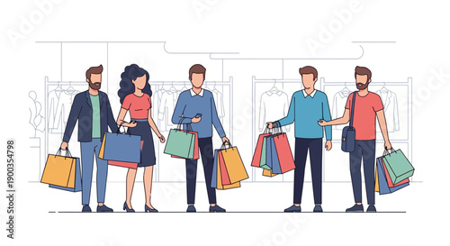 Group of Five People Shopping with Colorful Bags in a Store. Retail Therapy, Sales, and Consumerism Flat Vector Line Art Illustration.