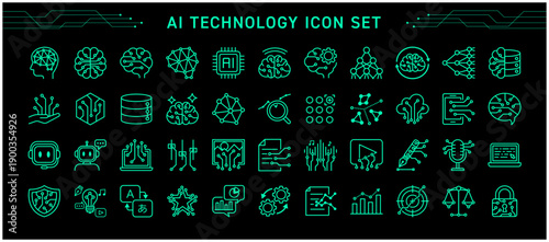 AIサイバーHUD風 線画アイコンセット｜人工知能・セキュリティ・未来テクノロジー