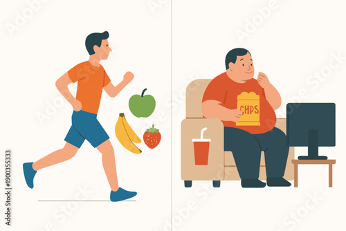 Healthy vs Obese Lifestyle Contrast Vector
