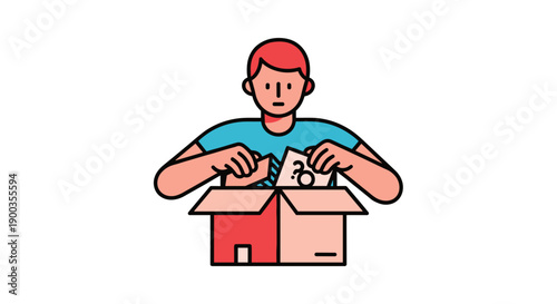 Man Unpacking Box with Cardboard Inside.