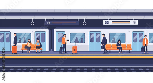 Modern Subway Platform Vector Illustration with Commuters and Travelers Waiting for the Train. Urban Public Transportation Scene.