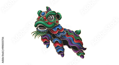 A colorful illustration of a Chinese Lion Dance creature with red, green, blue, and purple stripes on a white background, symbolizing Chinese New Year celebrations.
