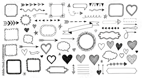 A versatile collection of hand-drawn doodle frames, borders, arrows, and hearts perfect for creative design projects and enhancing digital illustrations