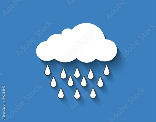 White cloud raining water drops on blue background.