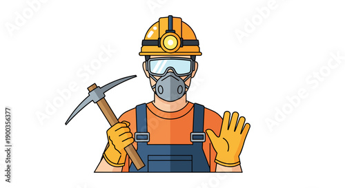 Miner Wearing Protective Gear and Holding Pickaxe.