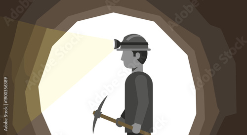 Miner with Pickaxe Standing in Mine.