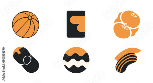 Set of Sports Equipment Icons in Orange and Black.