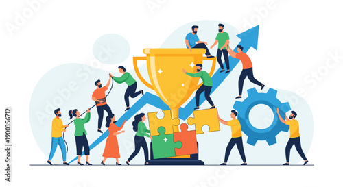 Teamwork and Success with Trophy and Gear.