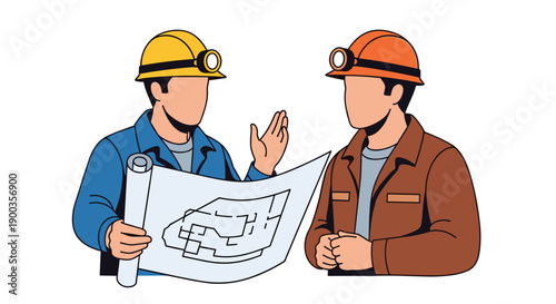 Two Miners Examining Blueprint Together.