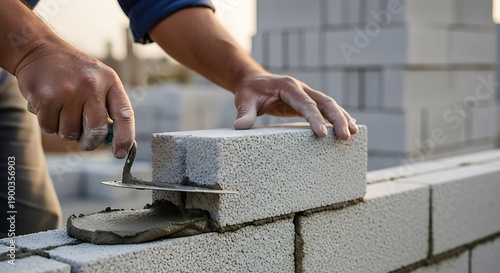 Builder constructing wall with lightweight concrete block and mortar tool