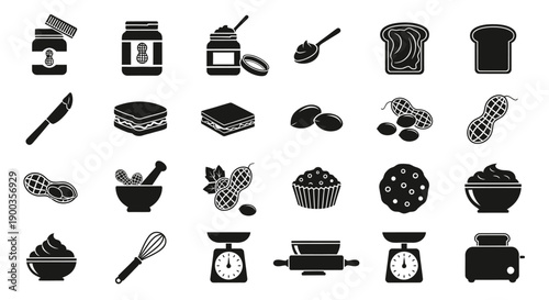 A collection of black and white icons depicting various peanut-related items, peanut butter, baking ingredients, and kitchen tools.